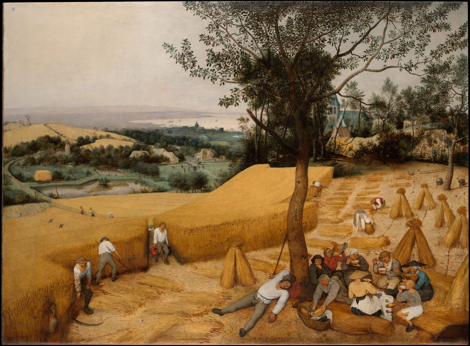 Peasants cut and bind wheat and rest under a tree on a hot summer day.