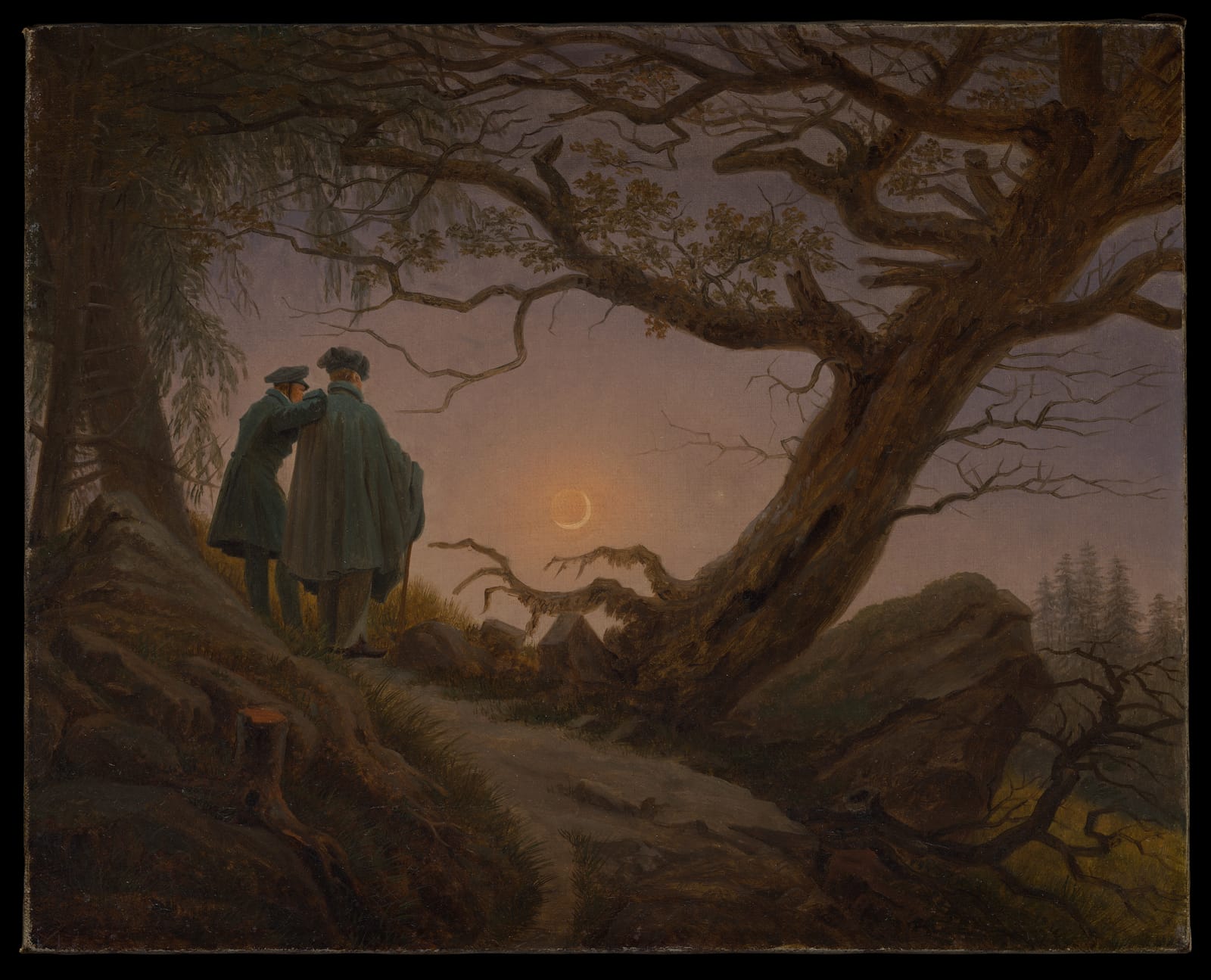 Two men in dark coats stand on a rocky path under a dead oak, looking at a pale moon in a twilight sky.
