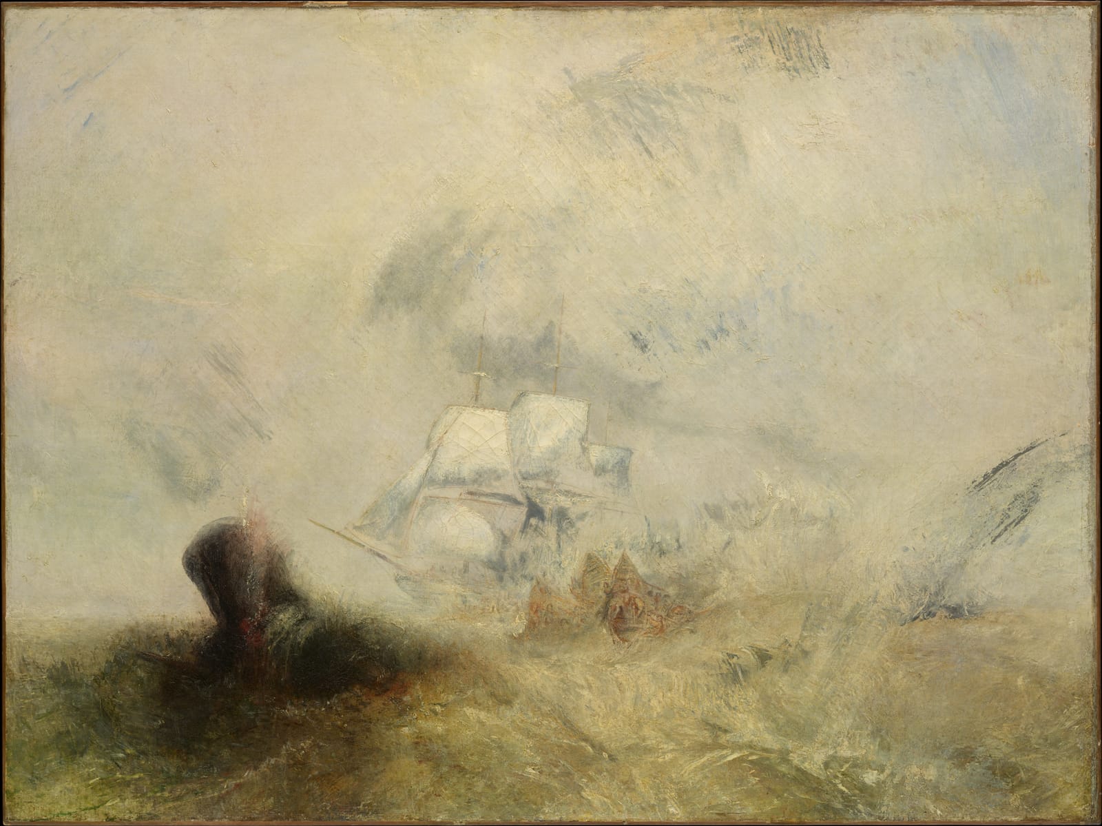 Whaling ships in a storm of light, sea and sky dissolving into white and gold.