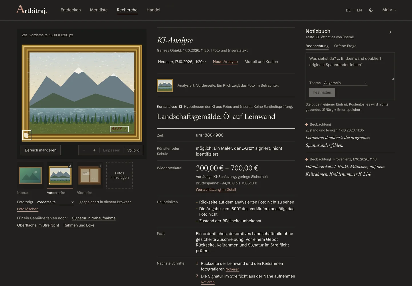 The AI quick analysis: time, artist or school, resale range, main risks and conclusion in labelled rows.