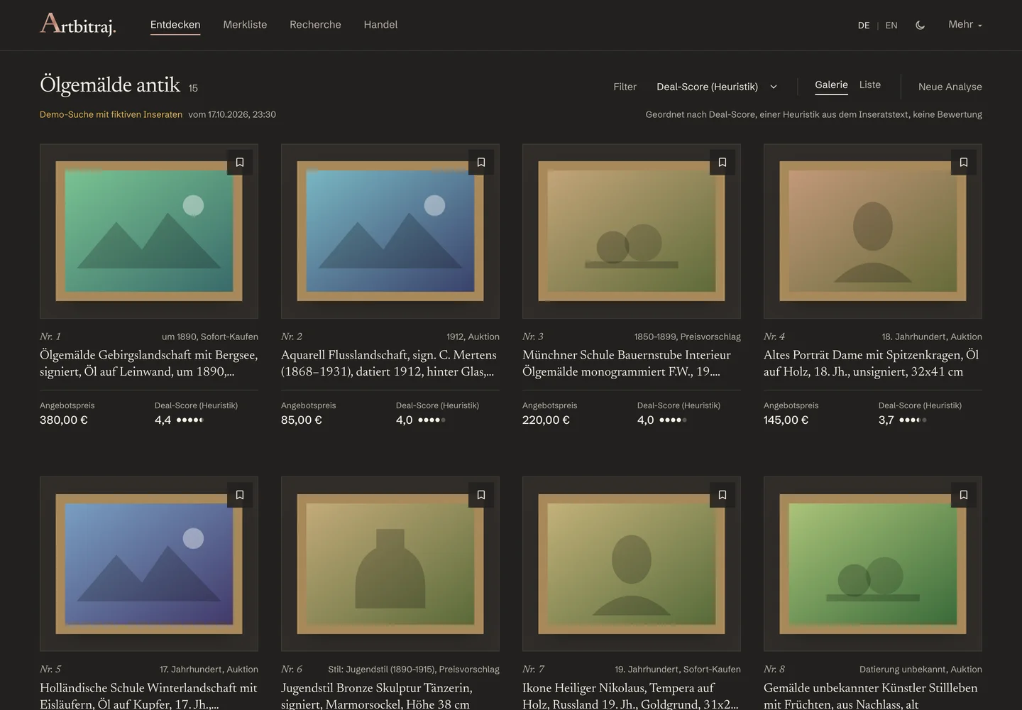 Discover in the Artbitraj dashboard: a catalogue grid of listings with photo, title, asking price and deal score. Dark mode.
