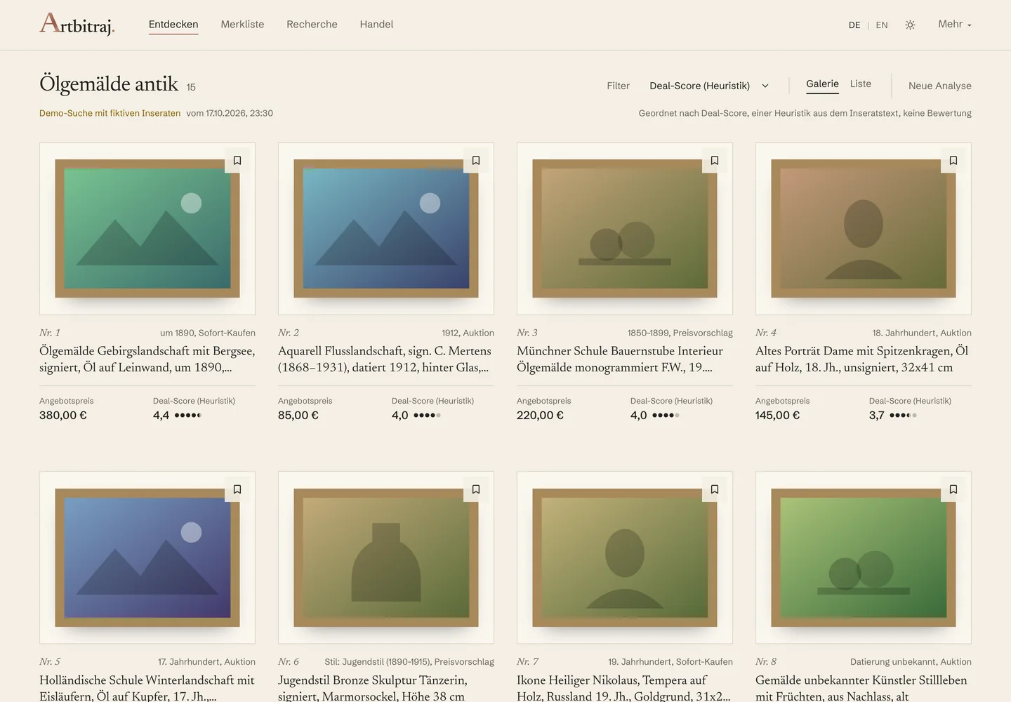 Discover in the Artbitraj dashboard: a catalogue grid of listings with photo, title, asking price and deal score.
