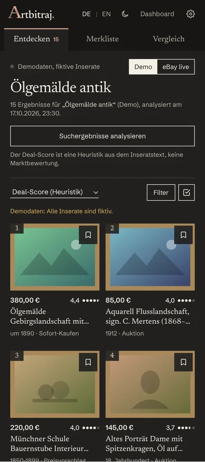 The Artbitraj side panel next to a browser page: ranked listings in two columns with price and deal score.