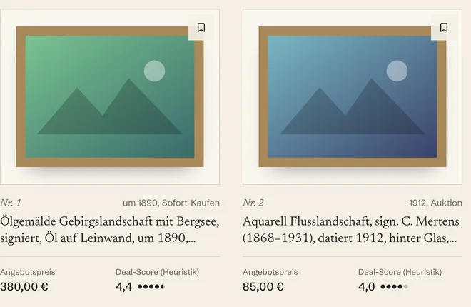 Discover in the Artbitraj dashboard: a catalogue grid of listings with photo, title, asking price and deal score.