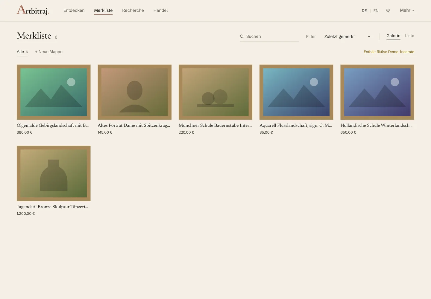 The watchlist: saved objects in a row of frames with title and price.