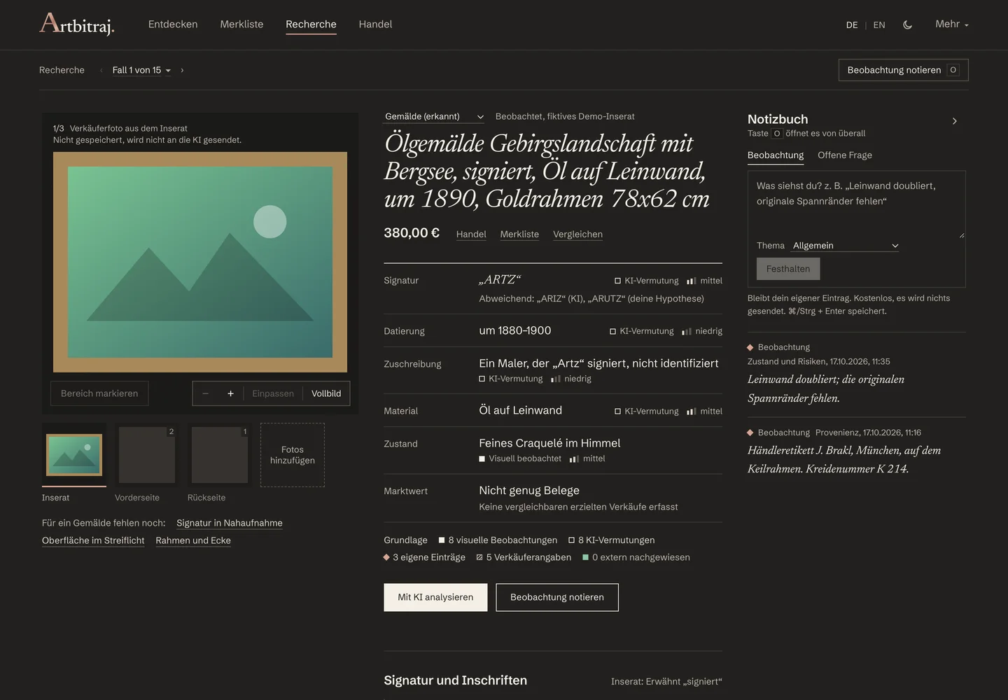 The Research Workspace: the artwork in the viewer on the left, the catalogue entry in the centre, the notebook on the right.